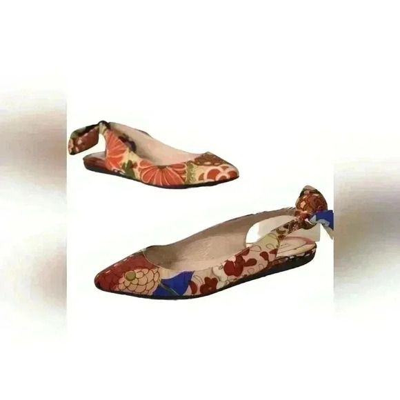 CARVEN Beige Red Multi Pointed Nylon Slingback  Floral Riviera Flat 7.5US Italy - Picture 1 of 6